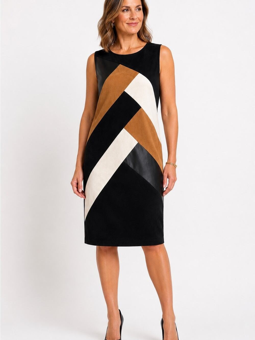 Chico’s Black Color Block Faux Suede Shift Dress Modern Geometric Size XL Boho